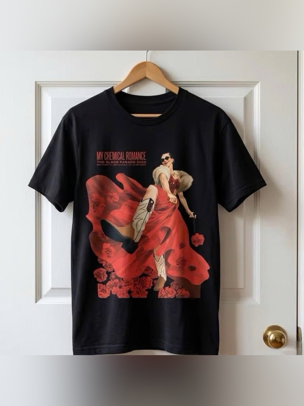 Vintage Black My Chemical Romance Tee with Red Dress Graphic and Floral Accents